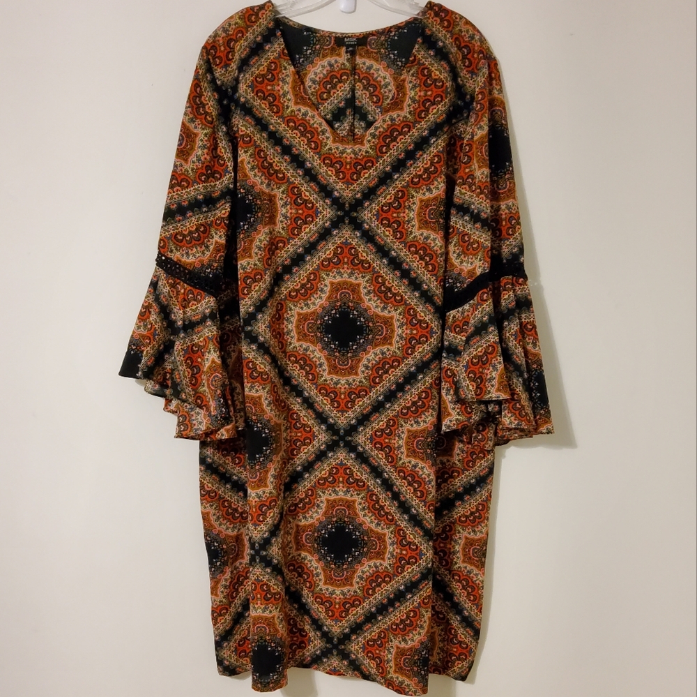 MSK Woman Elegant Orange and Black Aztec Pattern Shift Midi Dress Size 3X